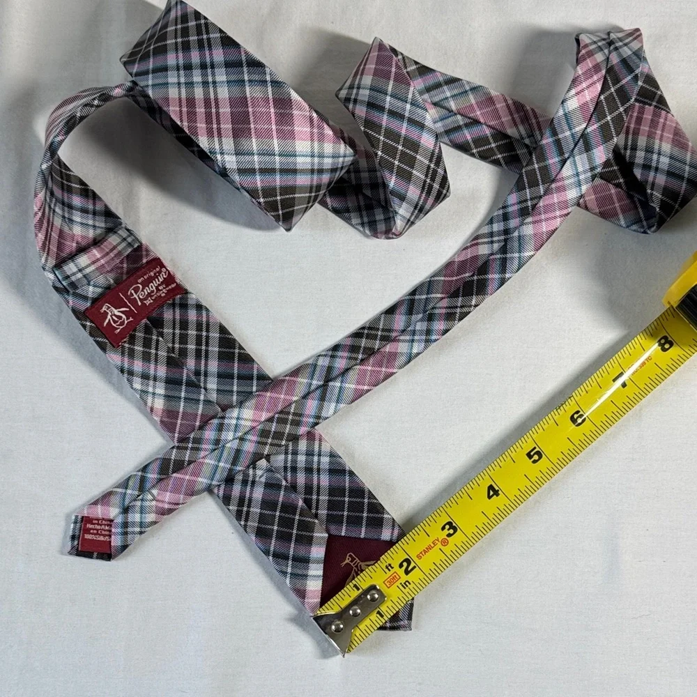 Original Penguin Plaid Tie - Brown, Pink, and Gray. Silk.